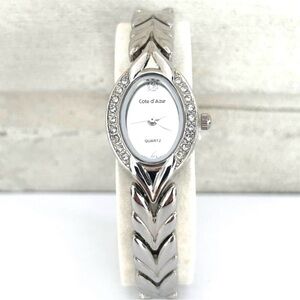 Cote d’ Azur Ladies Watch Silver Tone Bracelet Band Oval Face Rhinestones